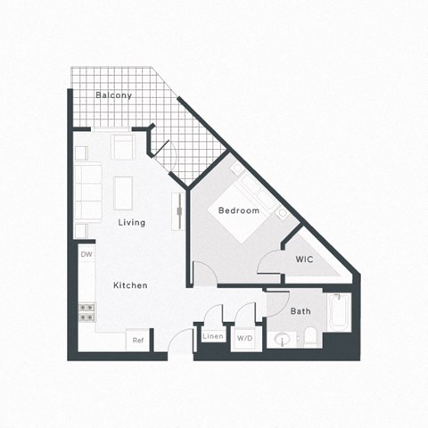 Floor plan for 1 bed, 1 bath, 727 sqft